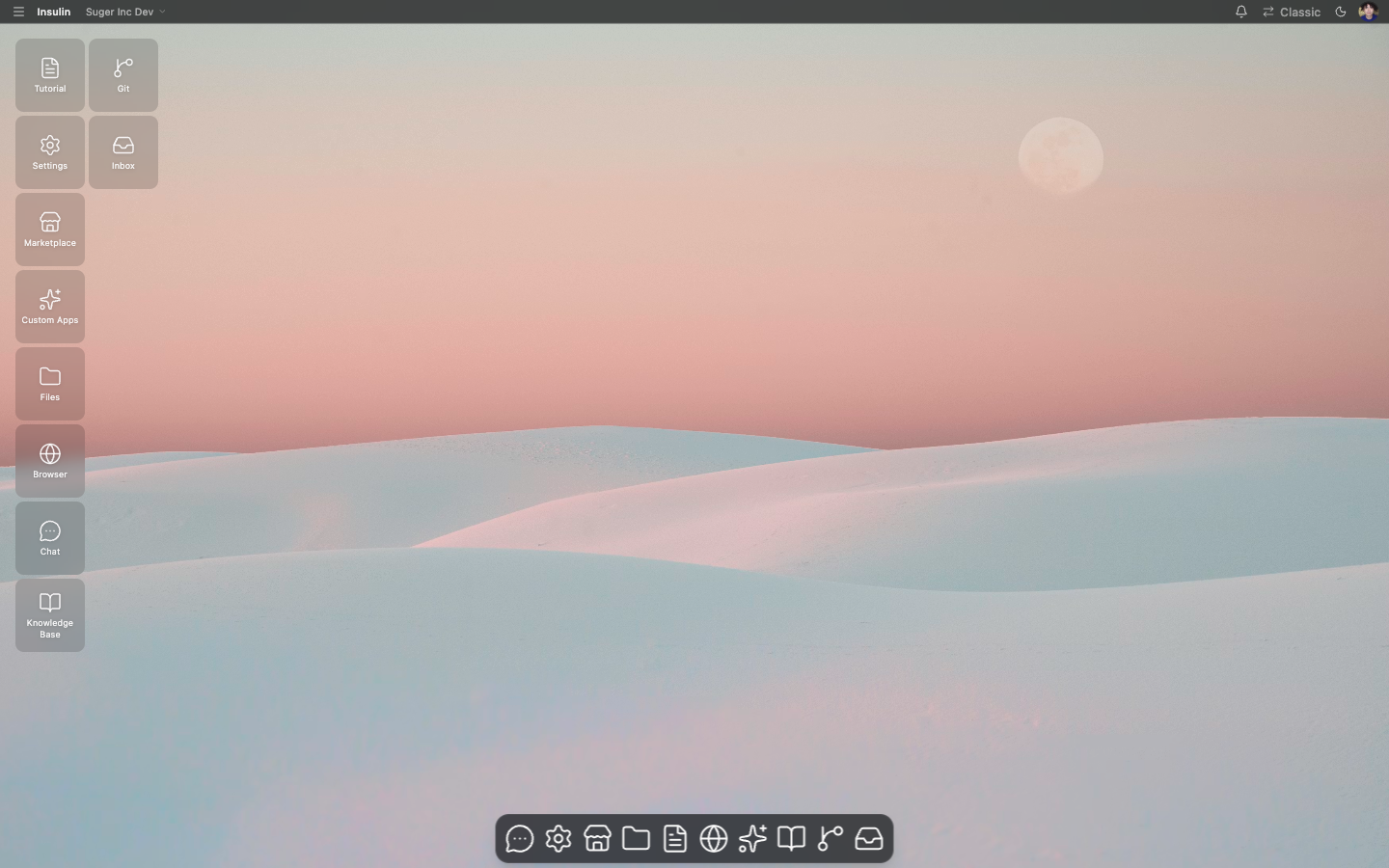 The Insulin desktop — the System Bar and its "Search apps…" launcher run across the top, desktop icons sit on the wallpaper, and pinned apps (Chat, Settings, Marketplace, Files, Preview, Browser, Custom Apps, Knowledge Base, Git, Inbox) line the Dock at the bottom