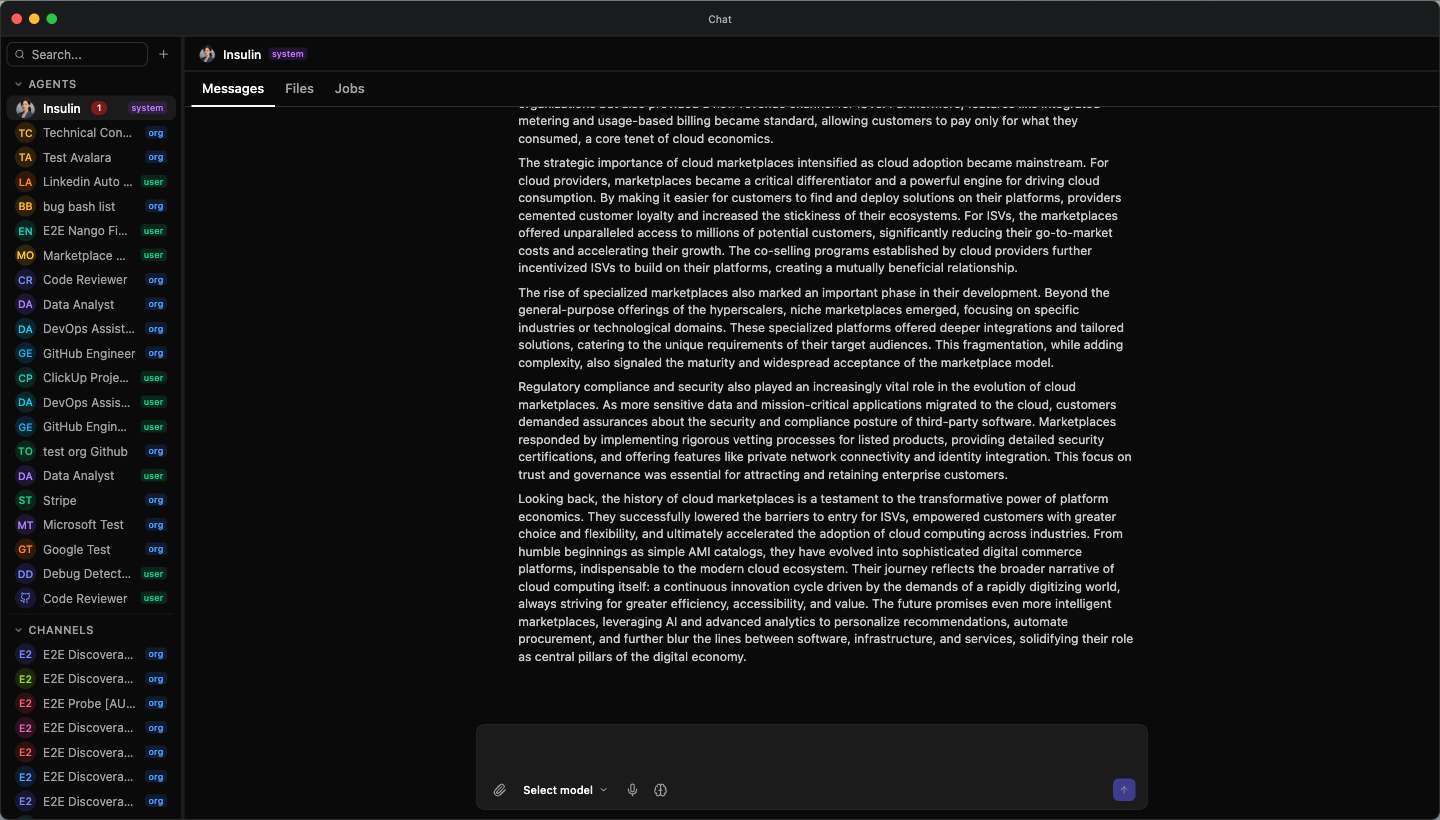 The Insulin Chat app — agents and channels in the sidebar, a streaming conversation, and the composer with the thinking toggle, mic, and attach controls