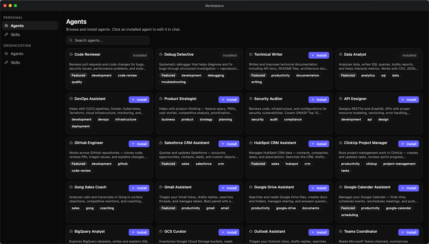 The Marketplace app — a left sidebar with the Personal store (and, for admins, an Organization store), each listing Agents and Skills; the Agents catalog shows each item's install state, Featured badge, and category tags