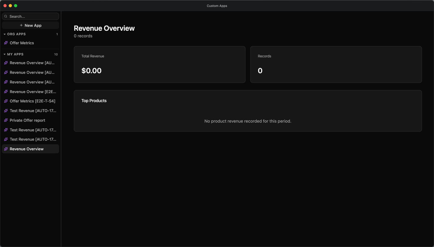 The Custom Apps workspace — Org Apps and My Apps in the sidebar, "New App" to start the AI builder, and a live preview pane rendering a saved app