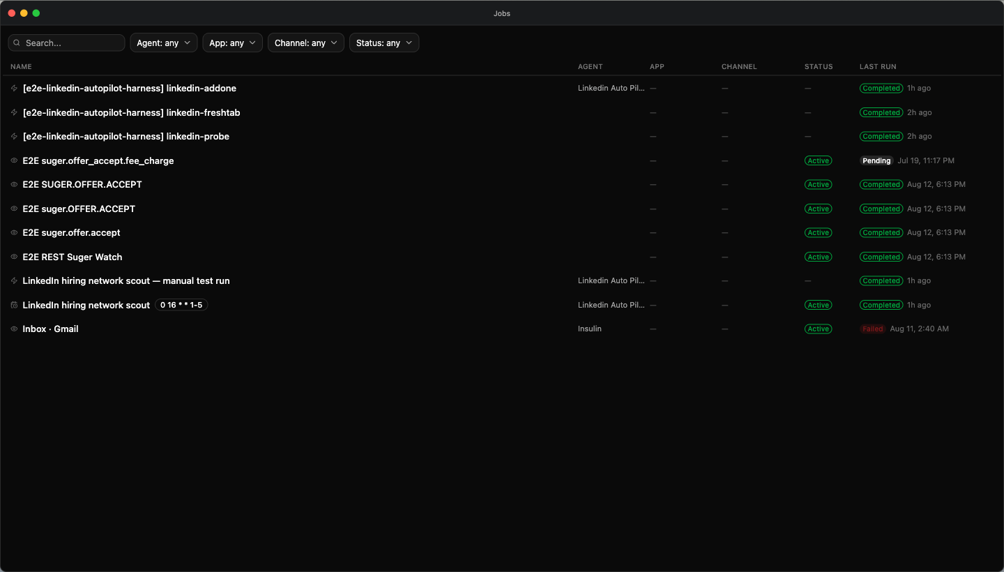 The Jobs app — the search box and Agent, App, Channel and Status filters above a job list, each row showing its trigger icon, agent, status, and last run
