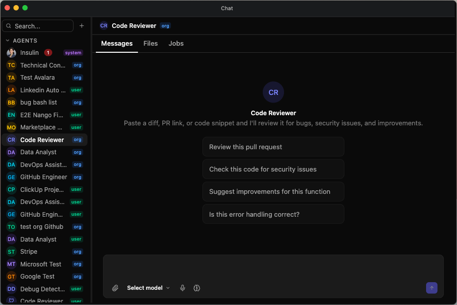 An installed agent (Code Reviewer) — its welcome message and conversation starters shown in a fresh conversation; the sidebar lists your installed agents with ownership badges (system / org / user)