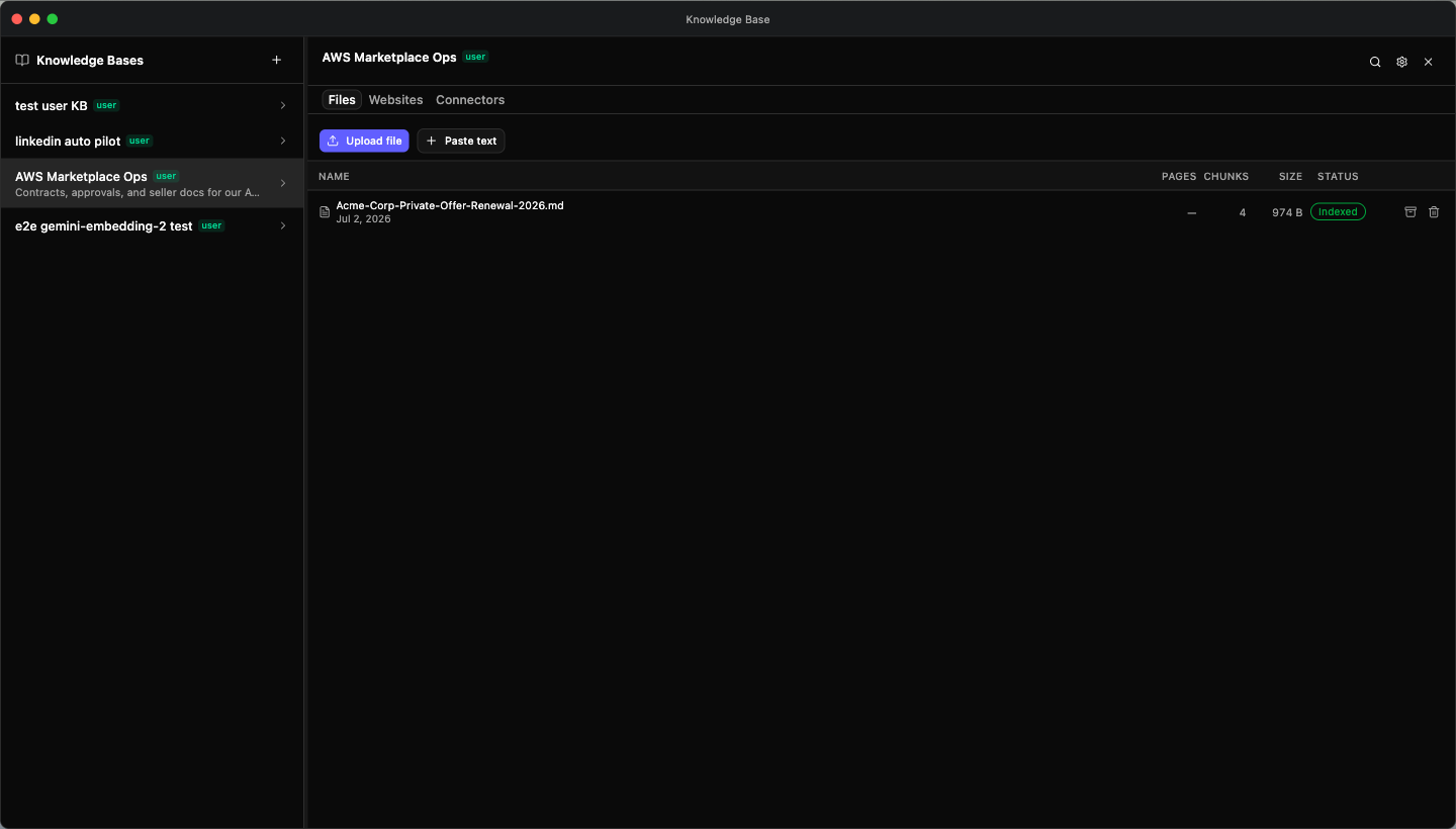 The Knowledge Base app — the knowledge base list on the left, and a detail view with the Files, Websites, and Connectors tabs (Files shown, with an indexed document and its per-row Deprecate and Delete actions)