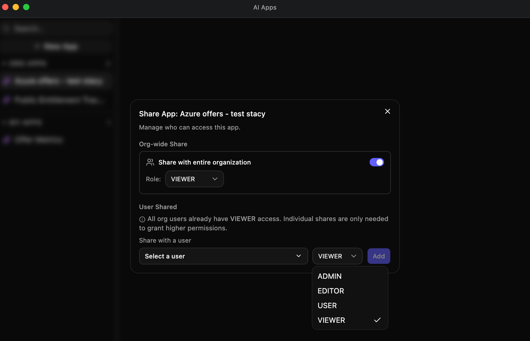 Sharing an app — the org-wide toggle with a default role, plus per-user shares for granting higher permissions