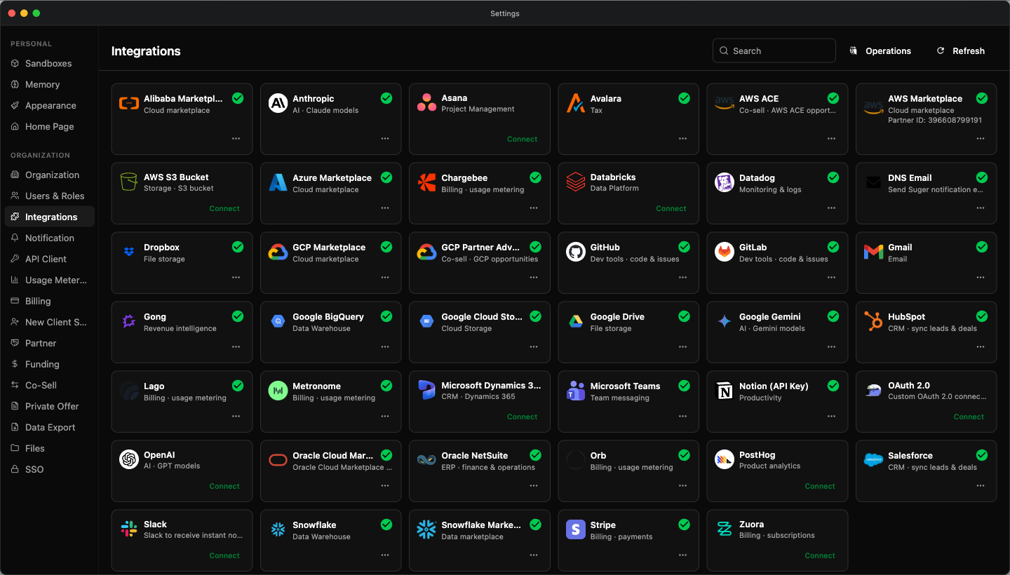 The Settings app on the Organization → Integrations tab, where organization connections are managed (org ADMIN only)