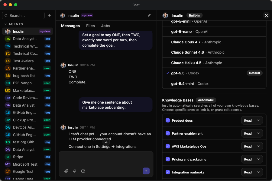 The agent panel's Knowledge Bases section — the Automatic badge, the note that Insulin searches all your knowledge bases by default, and a per-knowledge-base checkbox with its Read/Edit access selector