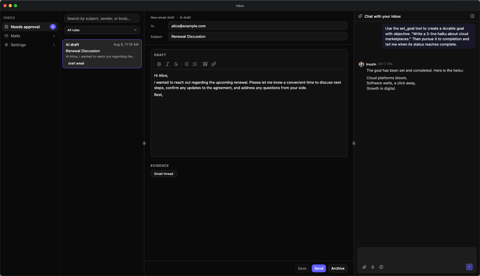The Inbox on Needs approval — the queue with its search box and rule filter, the selected AI draft with its editable To and Subject, the draft body and its evidence, the Save / Send / Archive actions, and the chat rail on the right