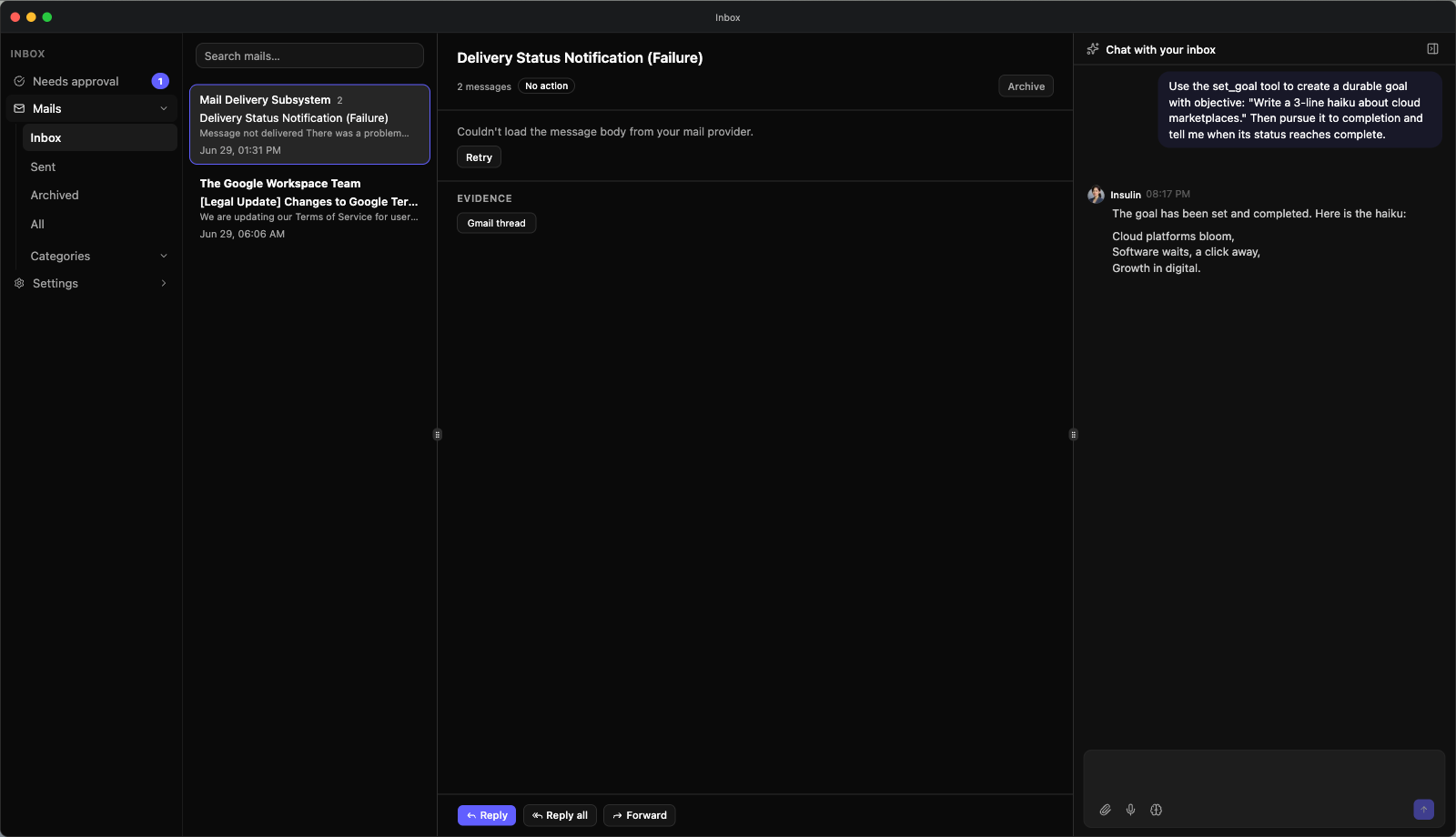 The Inbox app — the sidebar with Needs approval and its count badge, Mails expanded to Inbox, Sent, Archived and All plus the Categories group, and Settings below, beside the mail list and reading pane