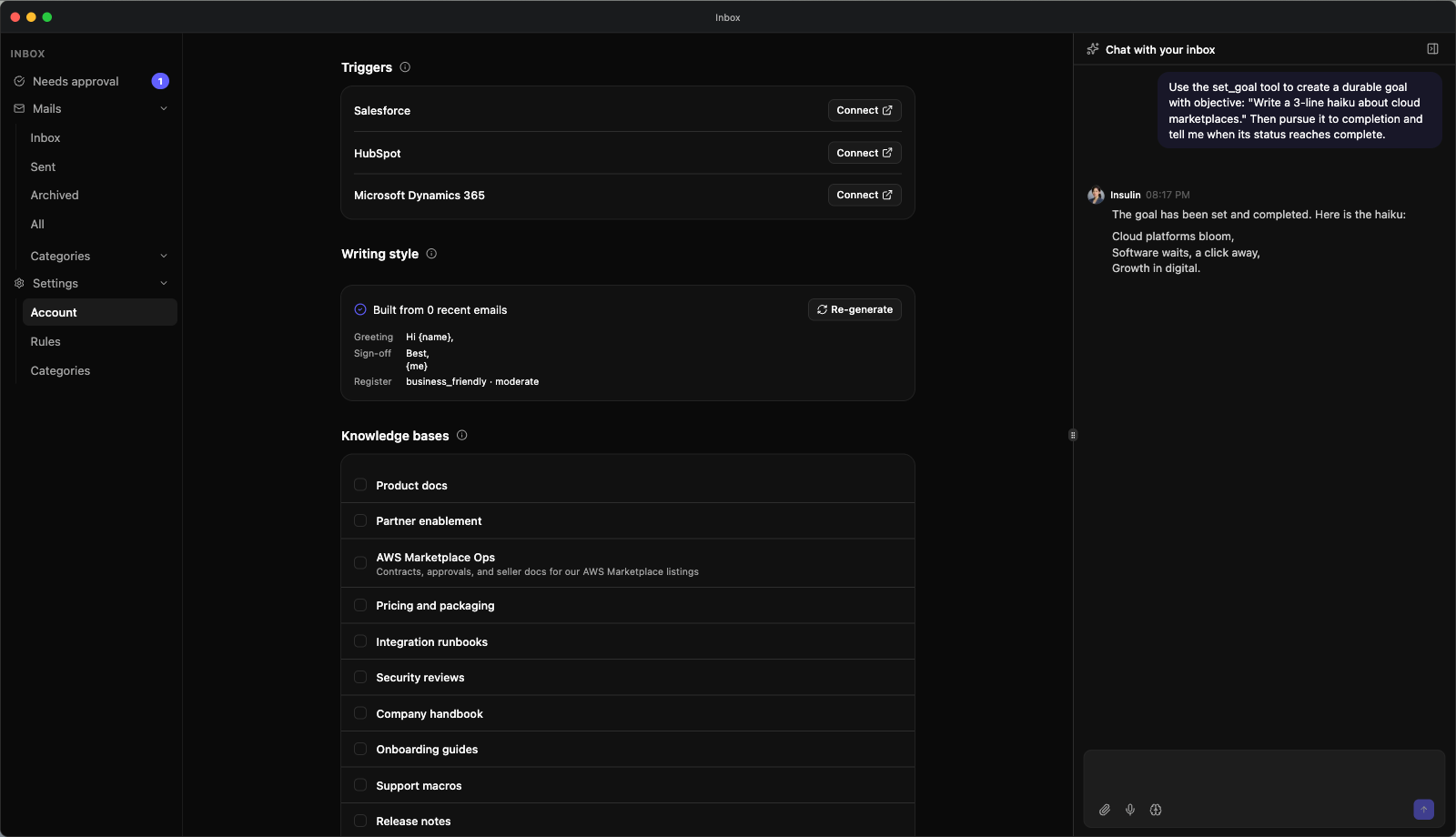 Inbox Settings → Account scrolled to Knowledge bases — the Writing style card above a checkbox per knowledge base, showing that knowledge bases attach to the account rather than to an individual rule