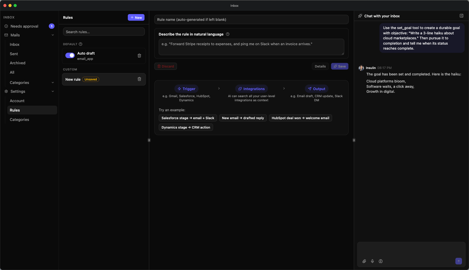 Inbox Settings → Rules with a new rule open — the Default and Custom rule groups on the left with their enable switches, and on the right the rule name field, the "Describe the rule in natural language" box, the Discard / Details / Save row, and the starter-hint block showing the Trigger → Integrations → Output strip above four example chips