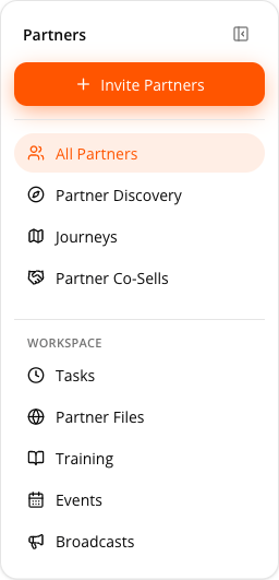 The Partners rail — Invite Partners at the top, then All Partners, Partner Discovery, Journeys and Partner Co-Sells, followed by the Workspace group with Tasks, Partner Files, Training, Events and Broadcasts