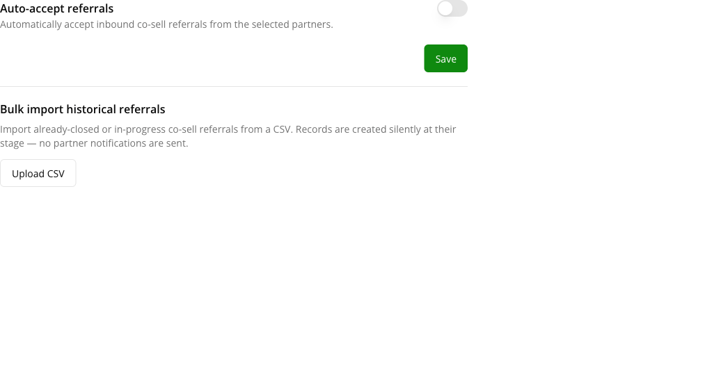 Settings → Partner → Co-Sell — the Auto-accept referrals toggle above the Bulk import historical referrals block and its Upload CSV button
