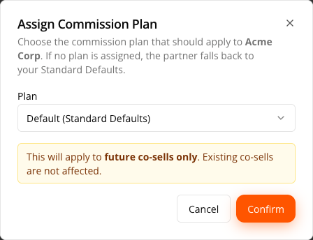 The Assign Commission Plan dialog — the plan selector, with the reminder that the change applies to future co-sells only and leaves existing ones untouched