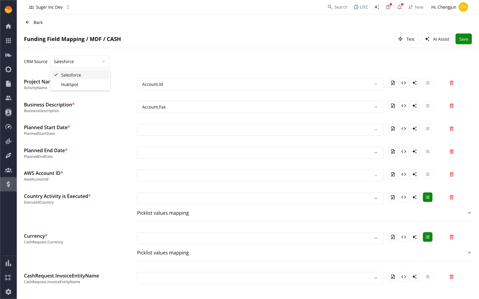The funding field-mapping page for MDF / CASH — the CRM Source dropdown open at the top showing Salesforce (selected) and HubSpot, above the per-field mapping rows with their AWS field name, the CRM field they draw from, and the transform controls on each row