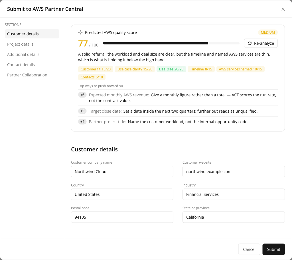 The ACE submission dialog with the Predicted AWS quality score banner at the top — the score out of 100 beside its band badge and a Re-analyze button, a one-line verdict, the per-dimension breakdown as earned/weight pills, and the ranked list of fixes with the points each would add