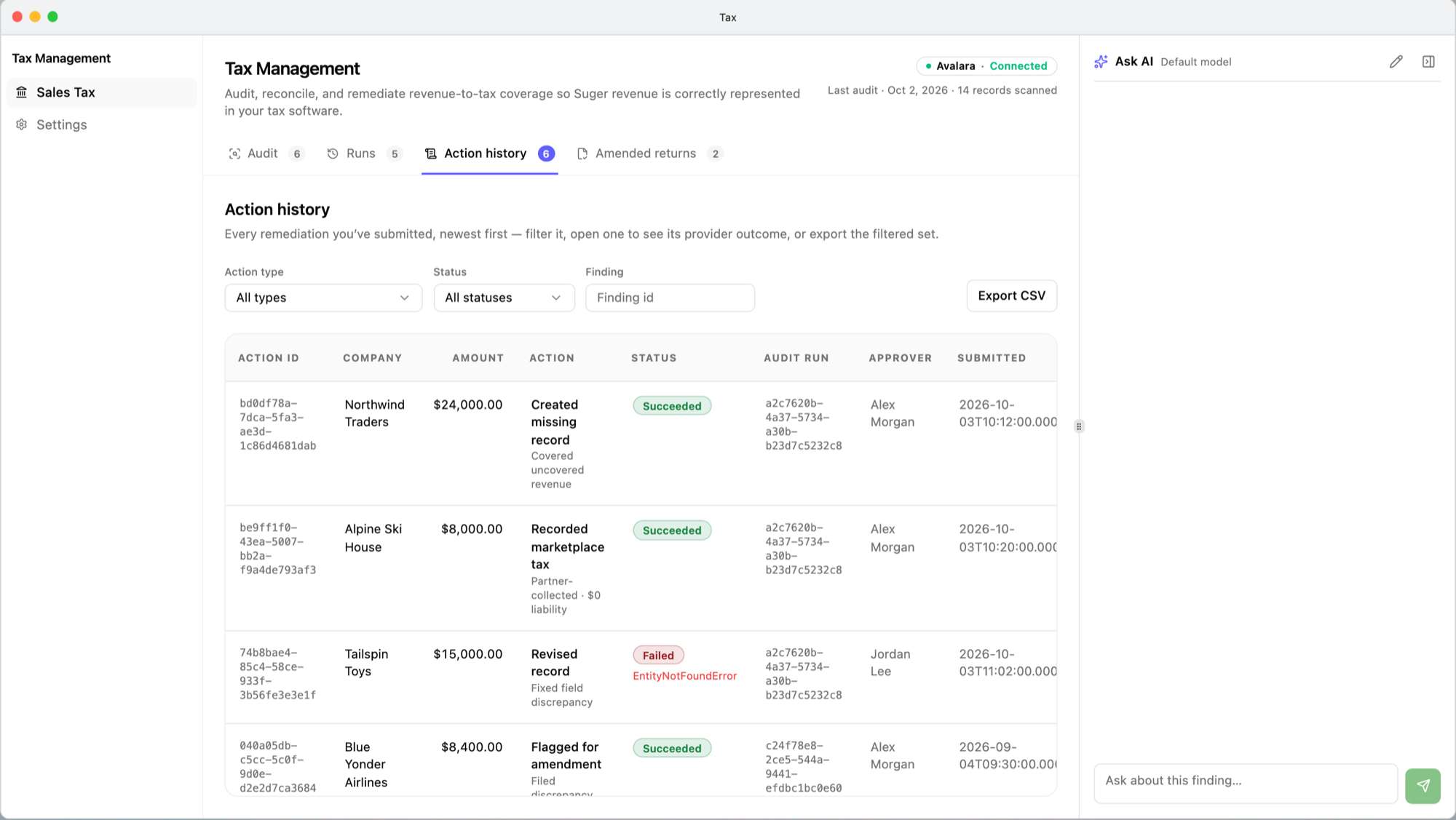 Action history: the Action type, Status, and Finding filters with Export CSV, above rows showing each action's company, amount, action and what it did, status (Succeeded or Failed with the provider's error code), audit run, approver, and submission time