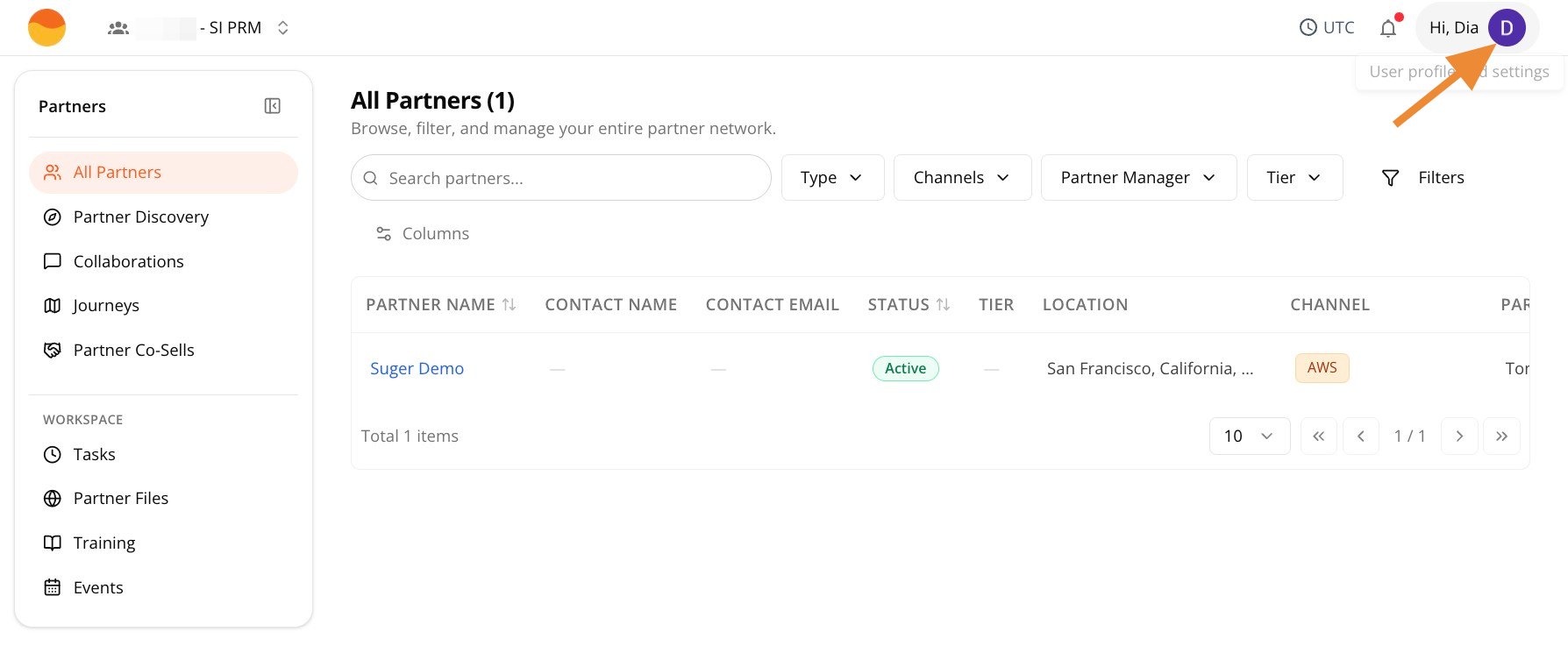 Profile icon in the top-right corner of the Partner Portal