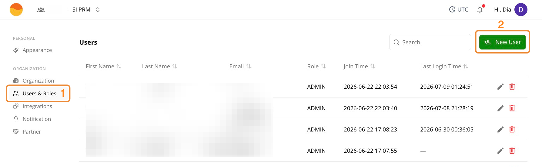 Users & Roles page with the New User button