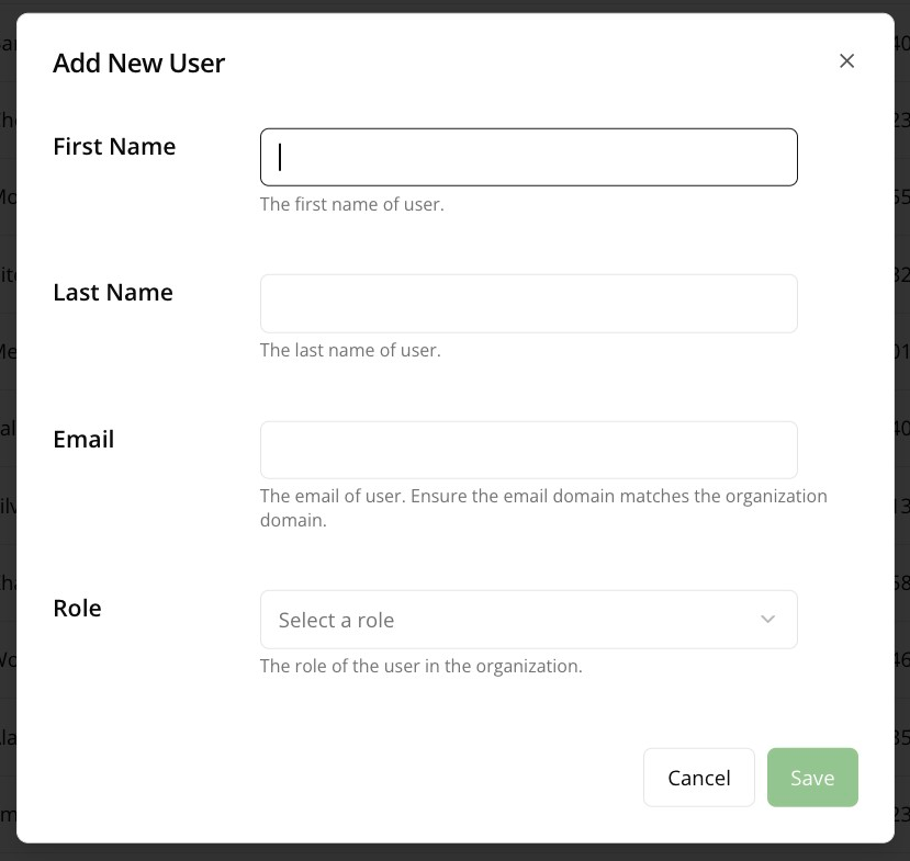 New user form with name, email, and role fields
