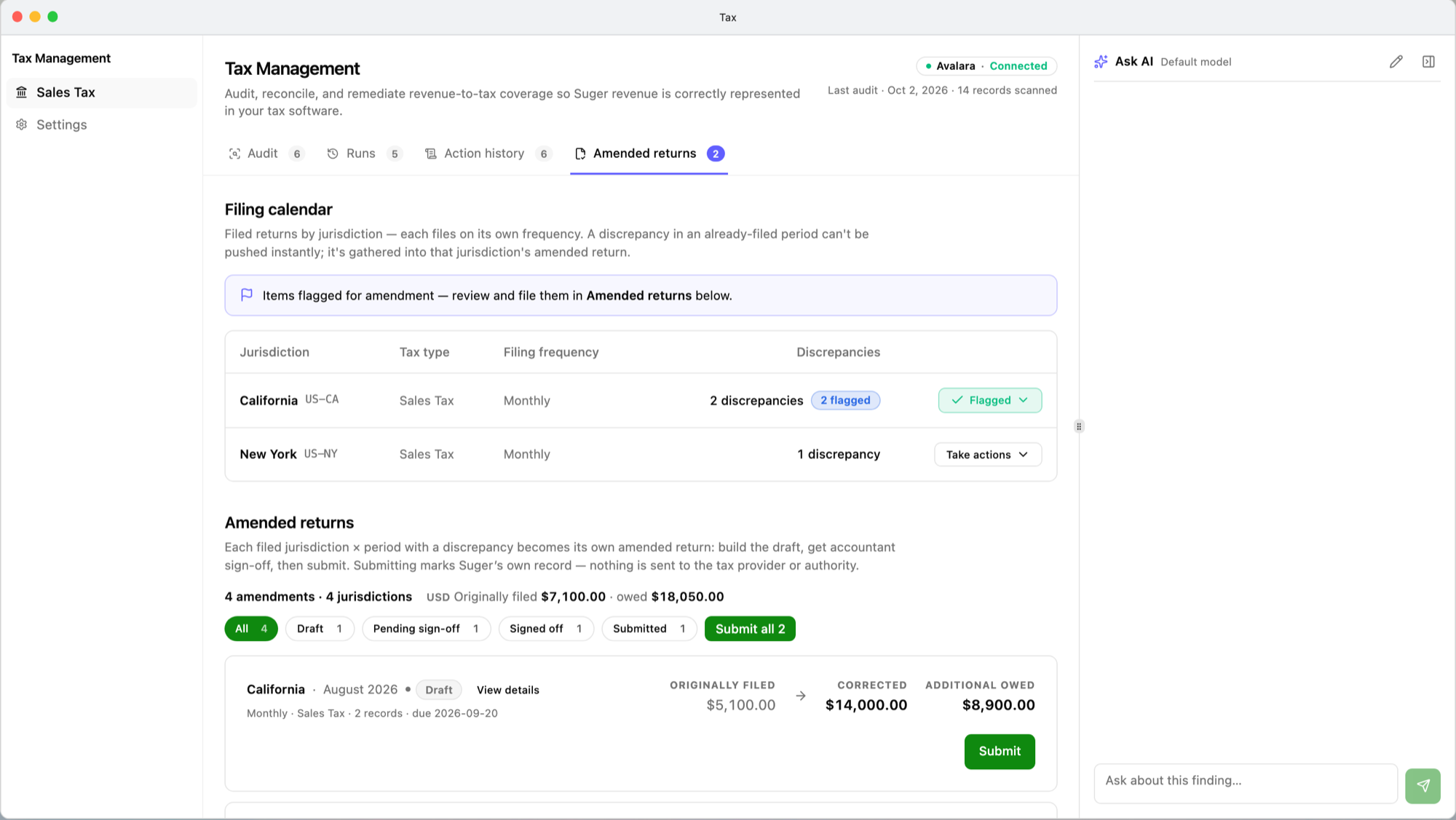 The Amended returns tab: the Filing calendar with California (two discrepancies, both flagged) and New York (one discrepancy, Take actions), then the Amended returns list with its summary line, status filters, Submit all, and a Draft return for California, August 2026 showing Originally filed, Corrected, and Additional owed