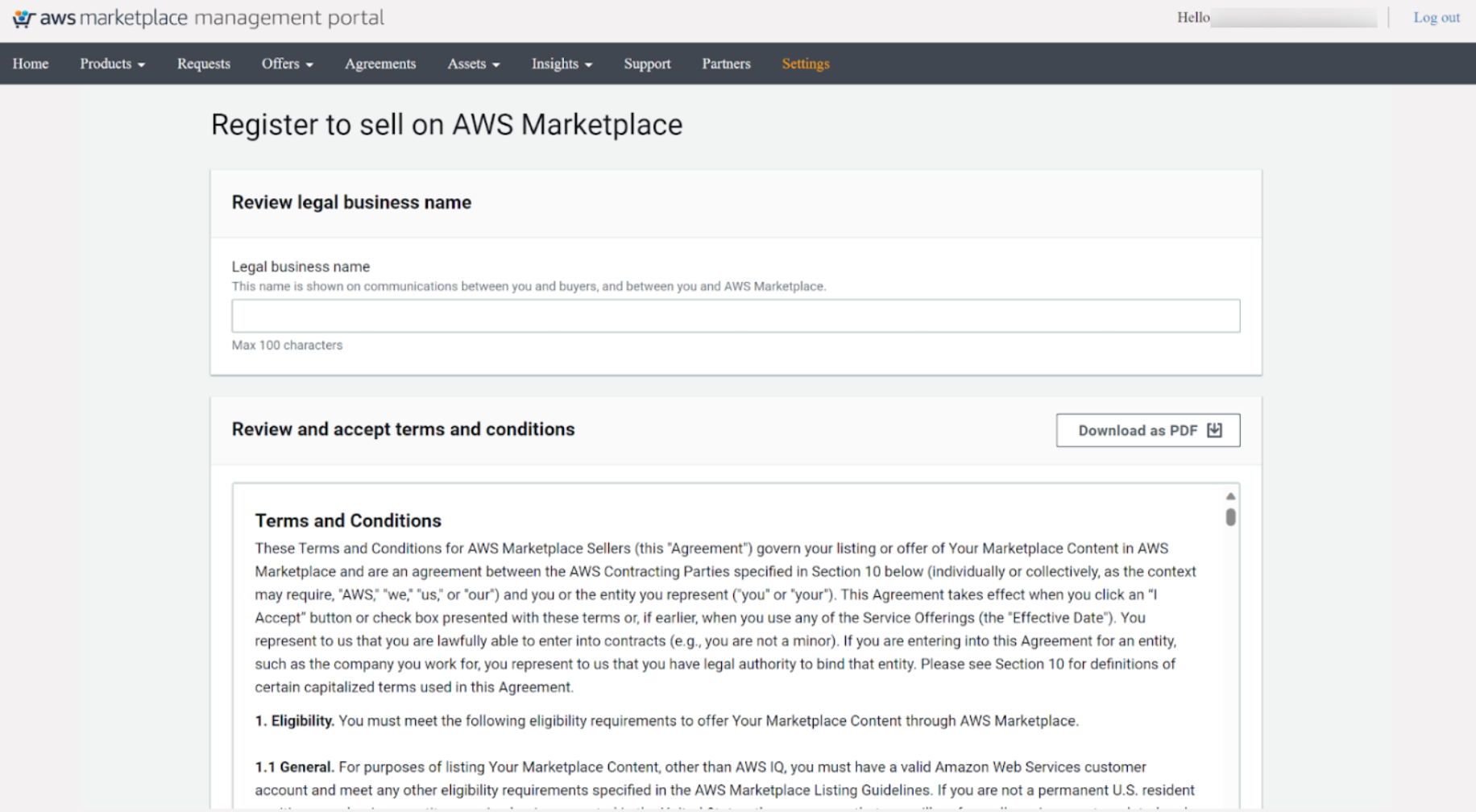 AWS Marketplace seller registration form
