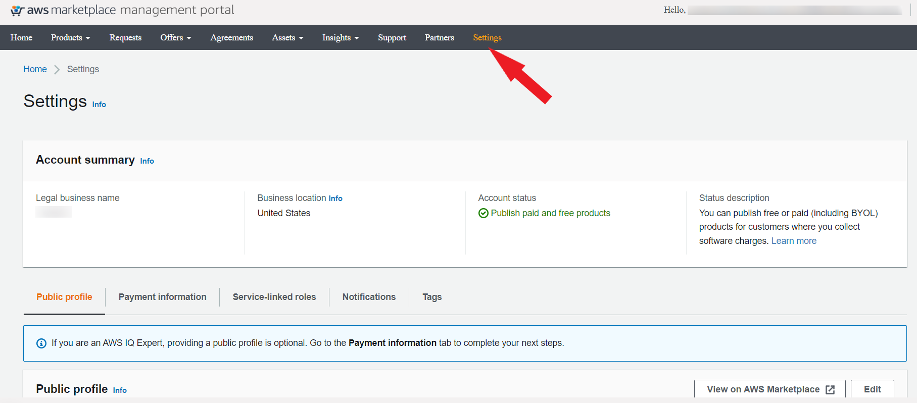 Settings tab in AWS Marketplace Management Portal