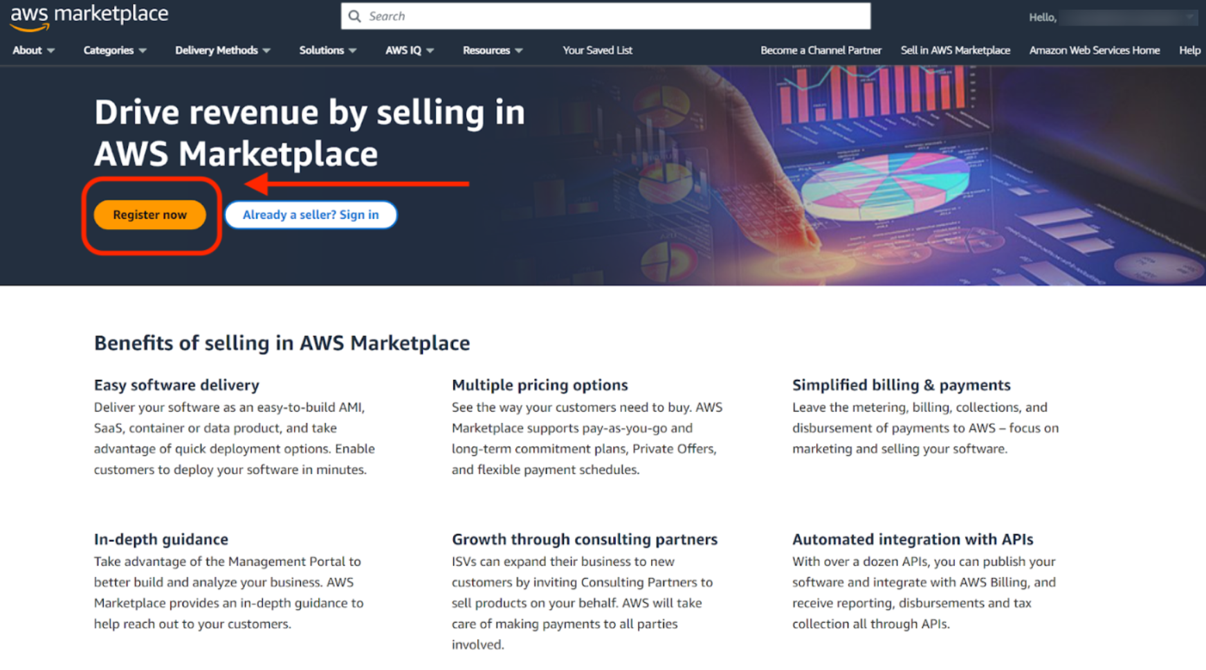 AWS Marketplace Management Portal registration screen