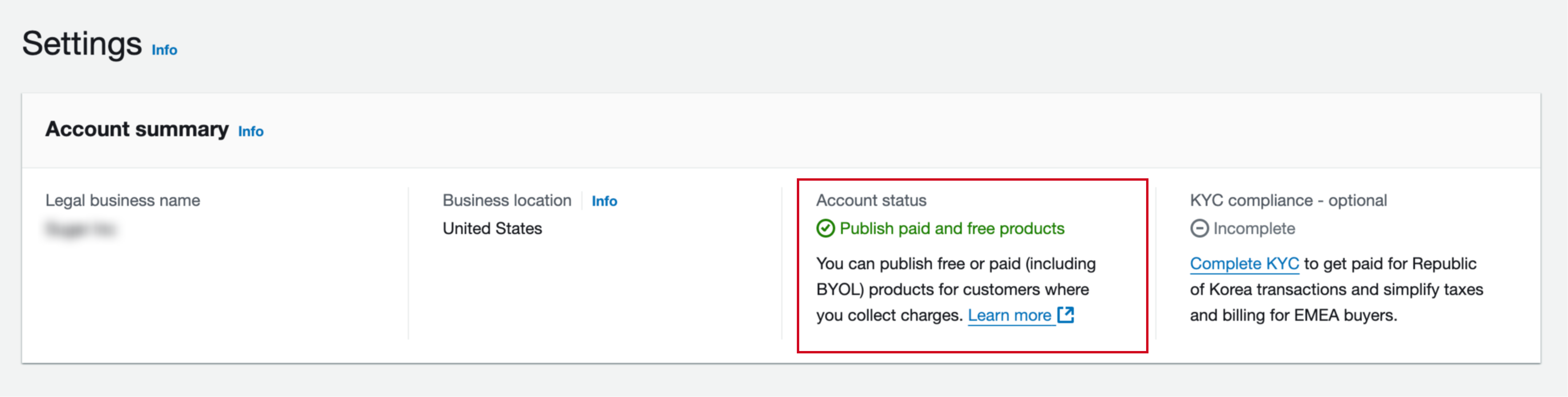 AWS Marketplace account status showing Publish Paid and Free products