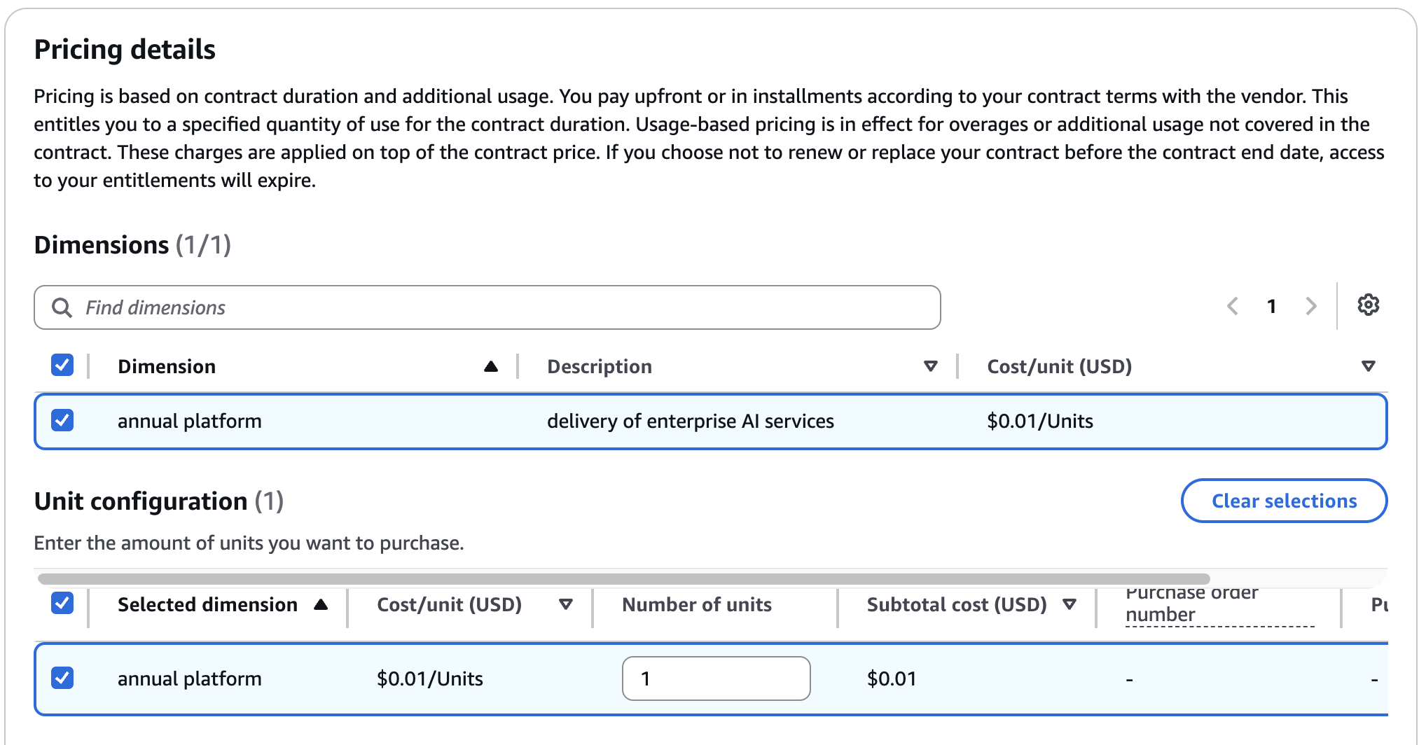 Select the $0.01 test dimension in Pricing details