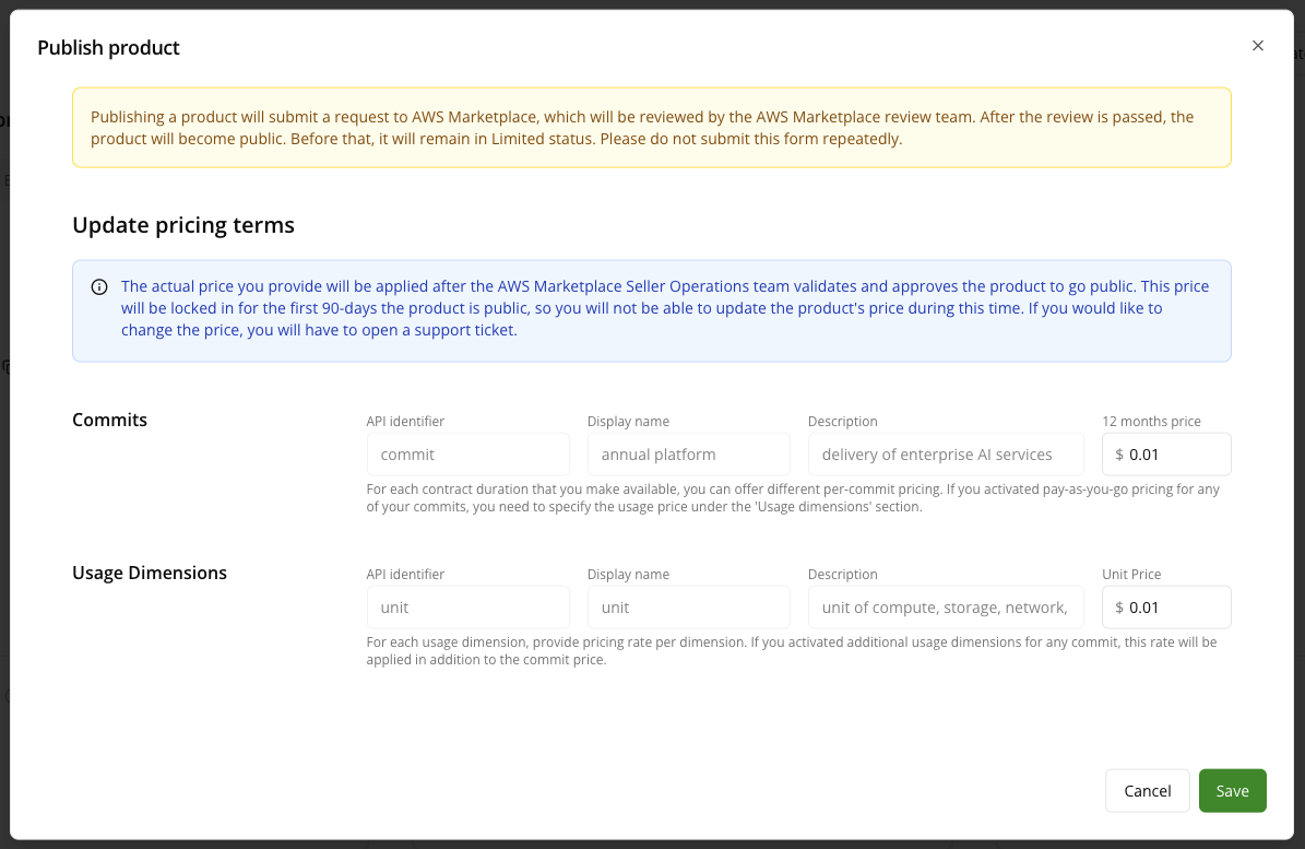 Update pricing terms before publishing