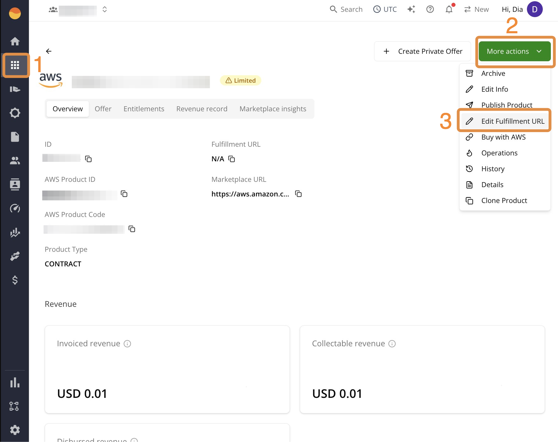Edit Fulfillment URL from the product More actions menu