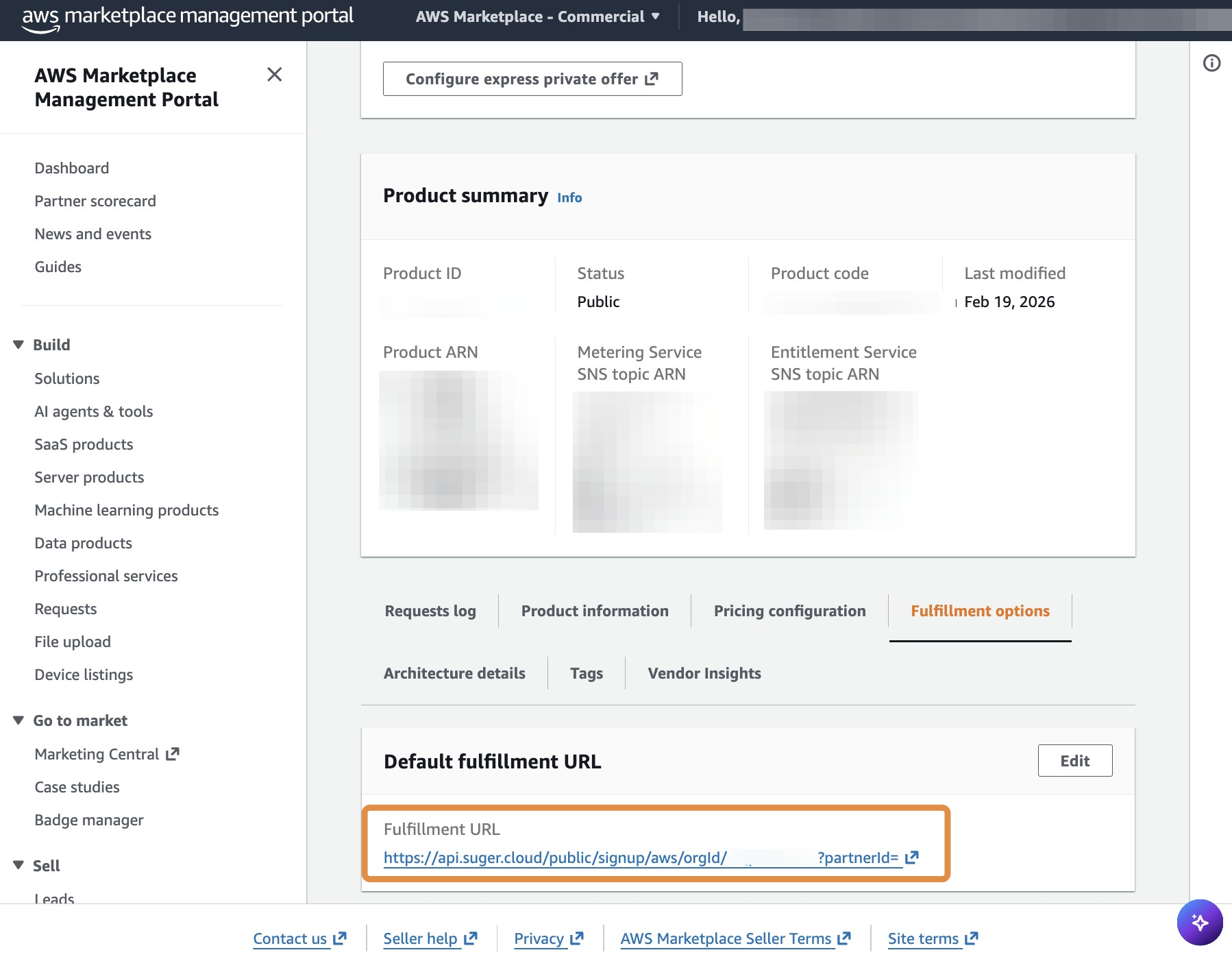 AWS fulfillment URL field