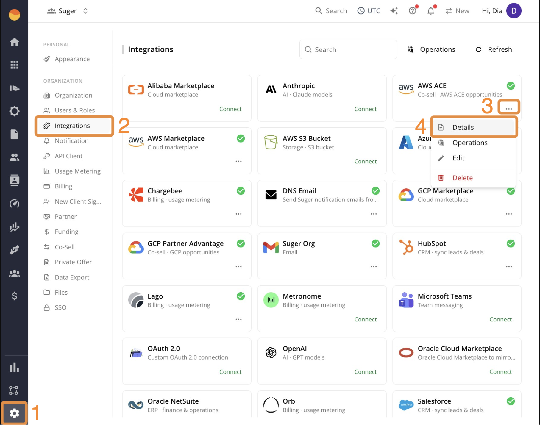AWS Marketplace integration details in the Suger Console