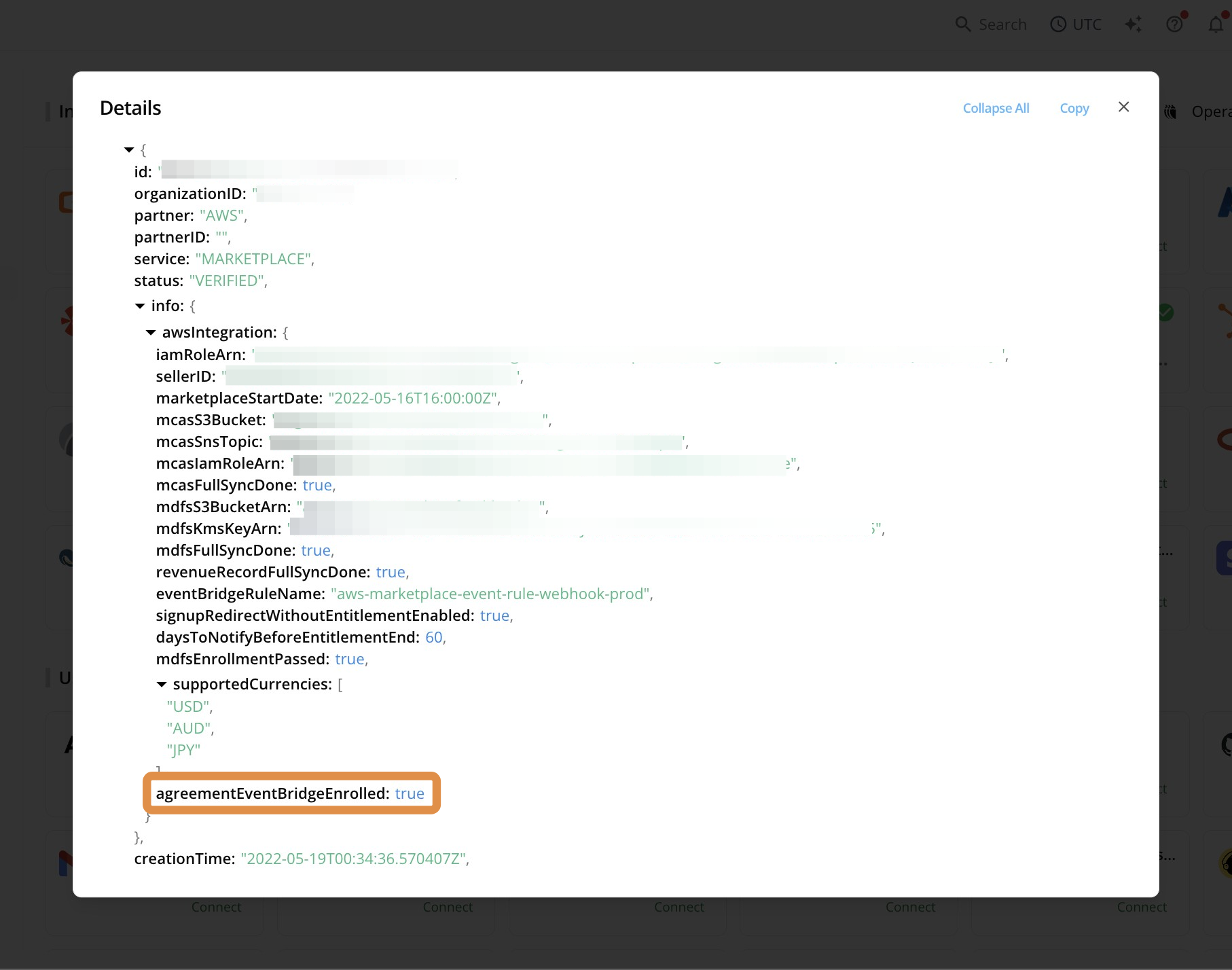 Integration details showing agreementEventBridgeEnrolled set to true