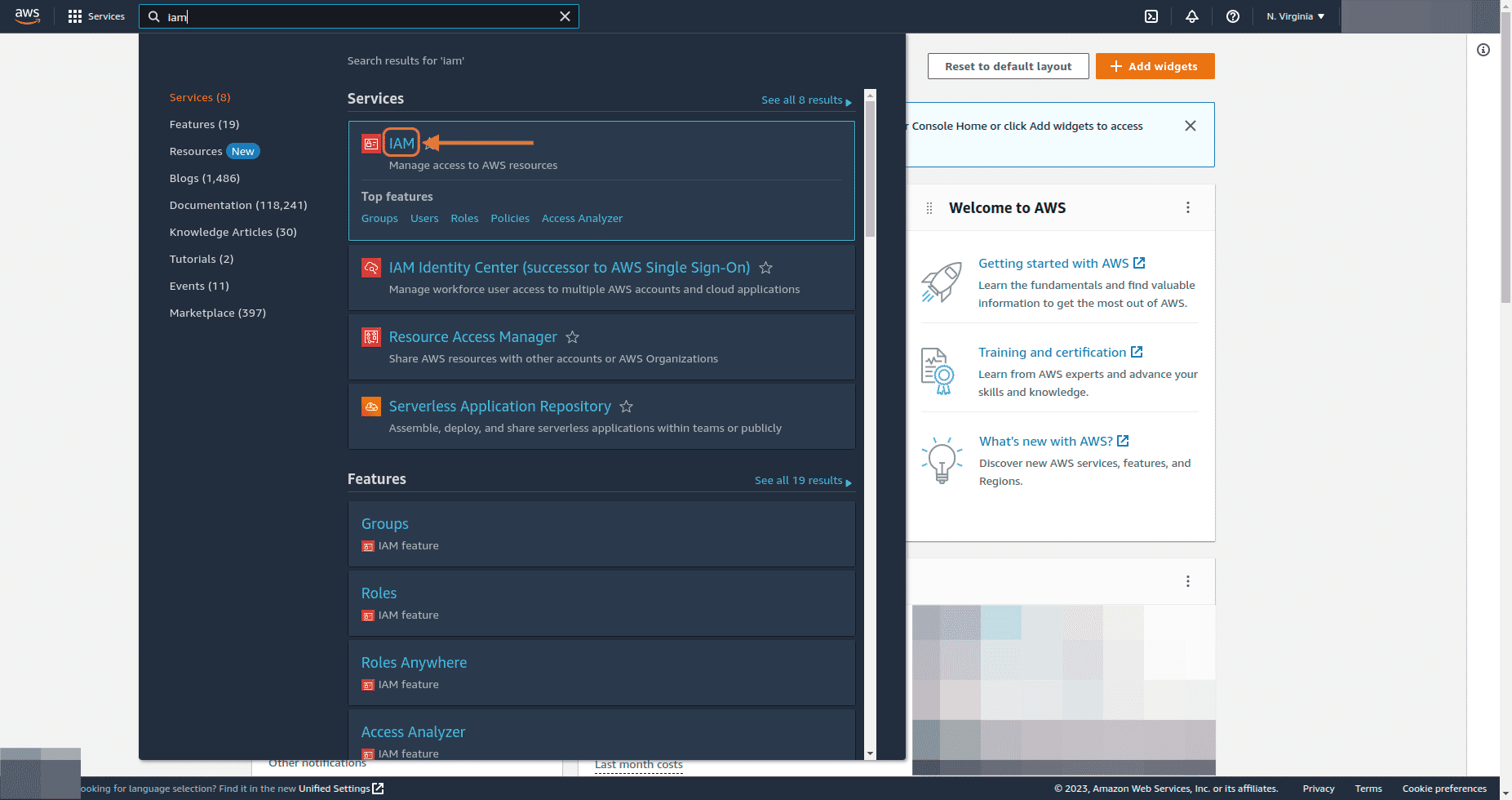 IAM service in the AWS console