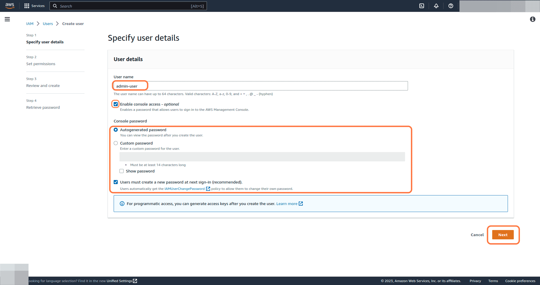 IAM user details form