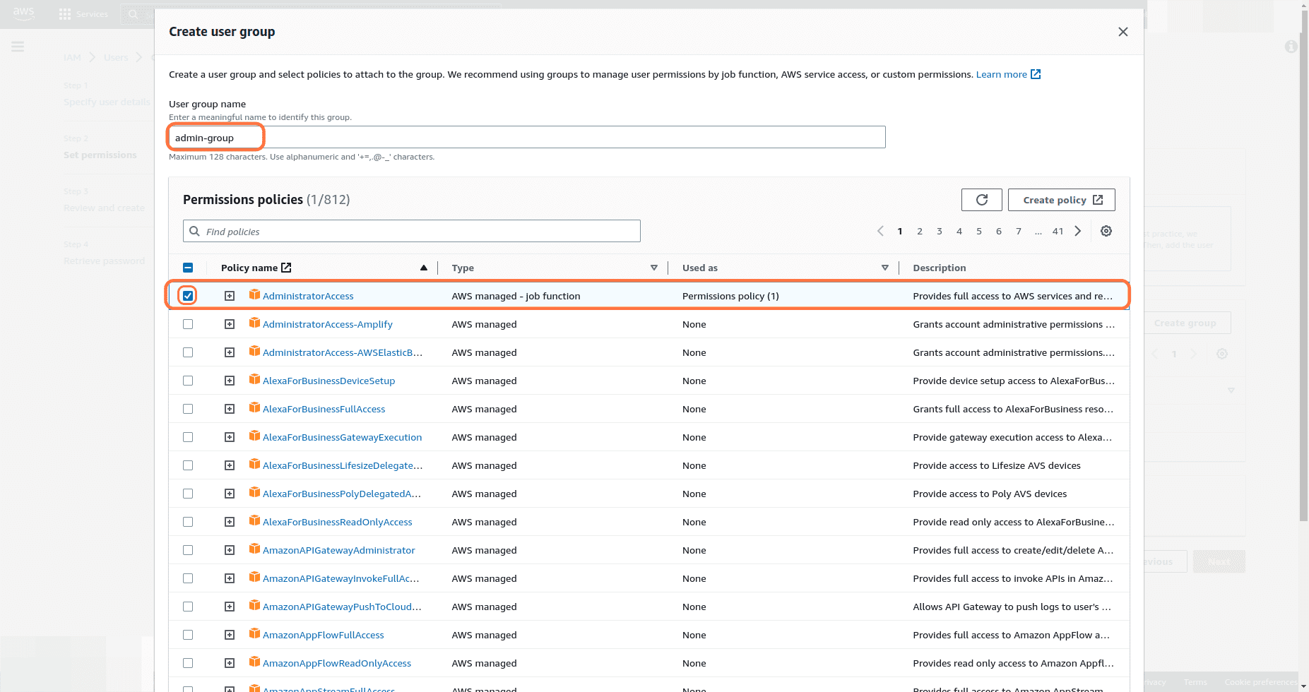 Selecting the AdministratorAccess policy