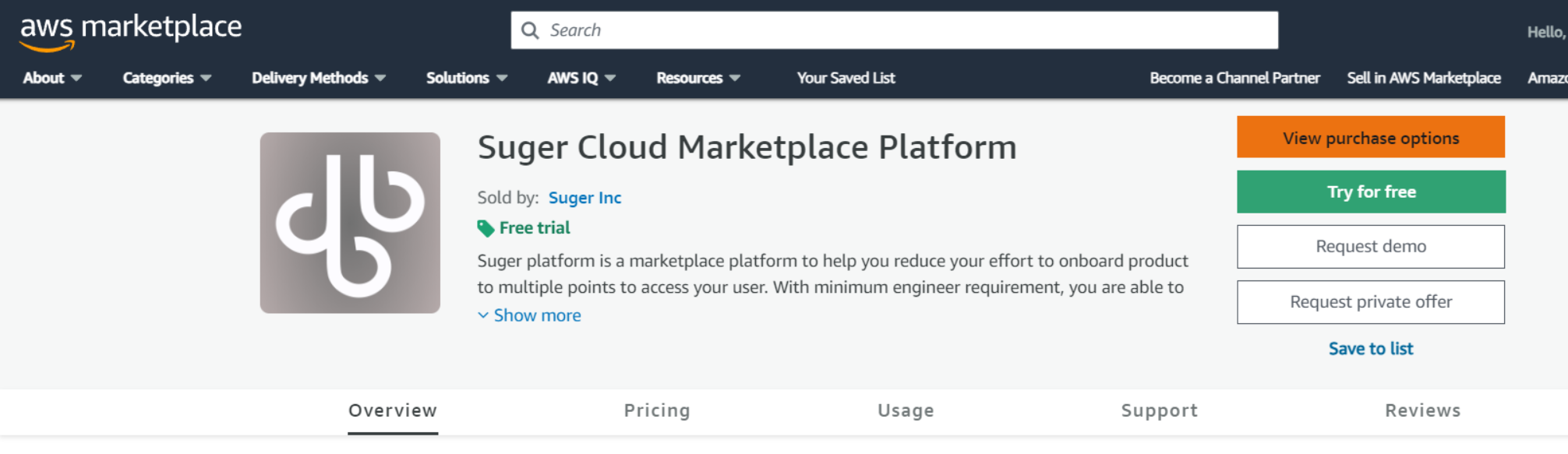 Request a Demo and Request a private offer buttons on an AWS listing