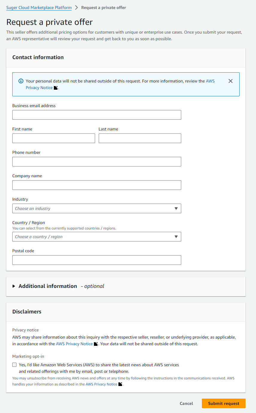 Request a Demo form on AWS Marketplace