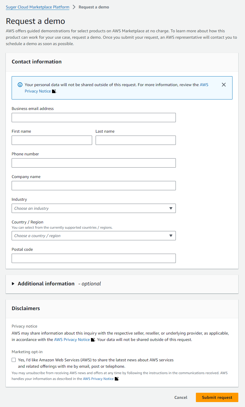 Request a private offer form on AWS Marketplace