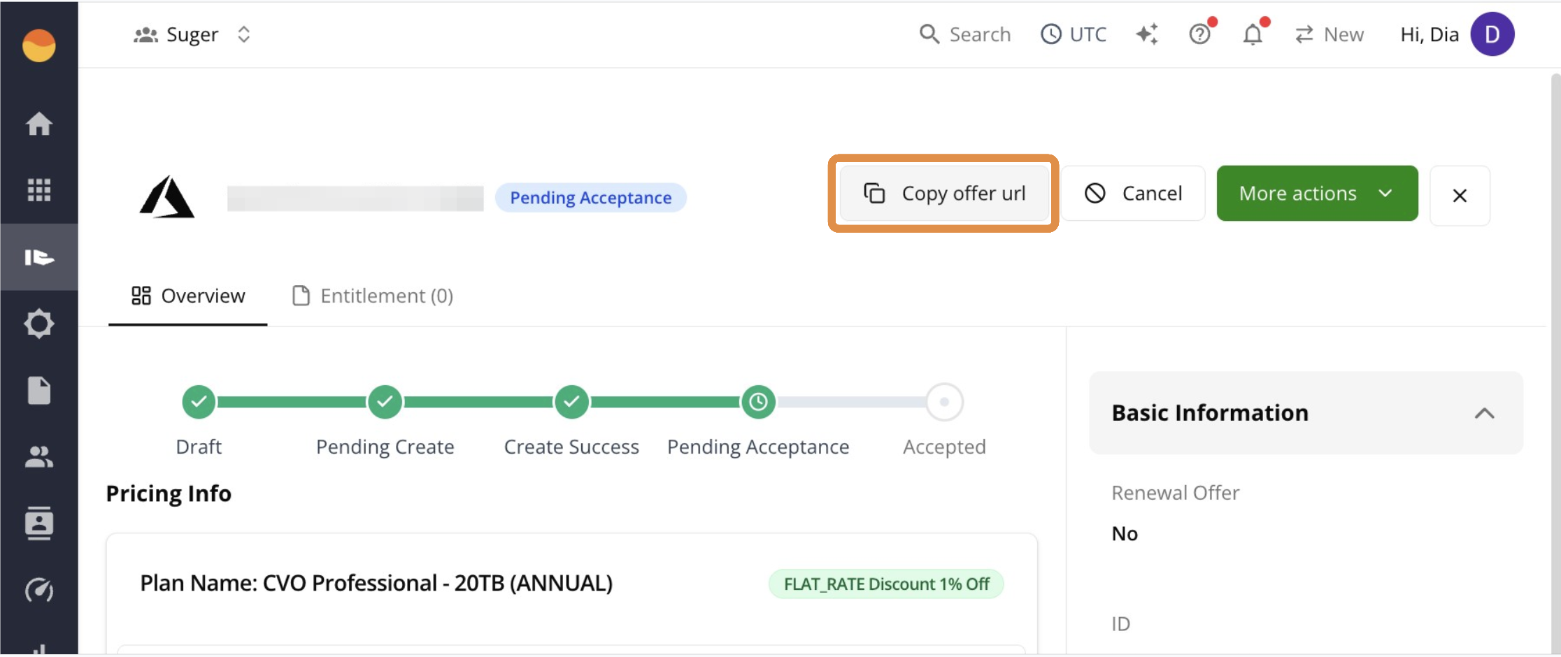 Copy Offer URL button in the Suger Console