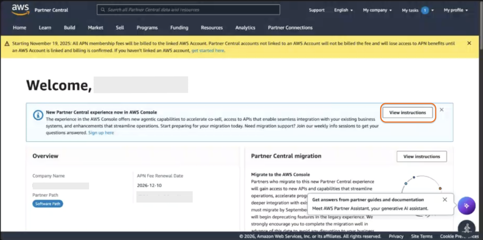 The migration banner and View instructions button in the legacy AWS Partner Central portal