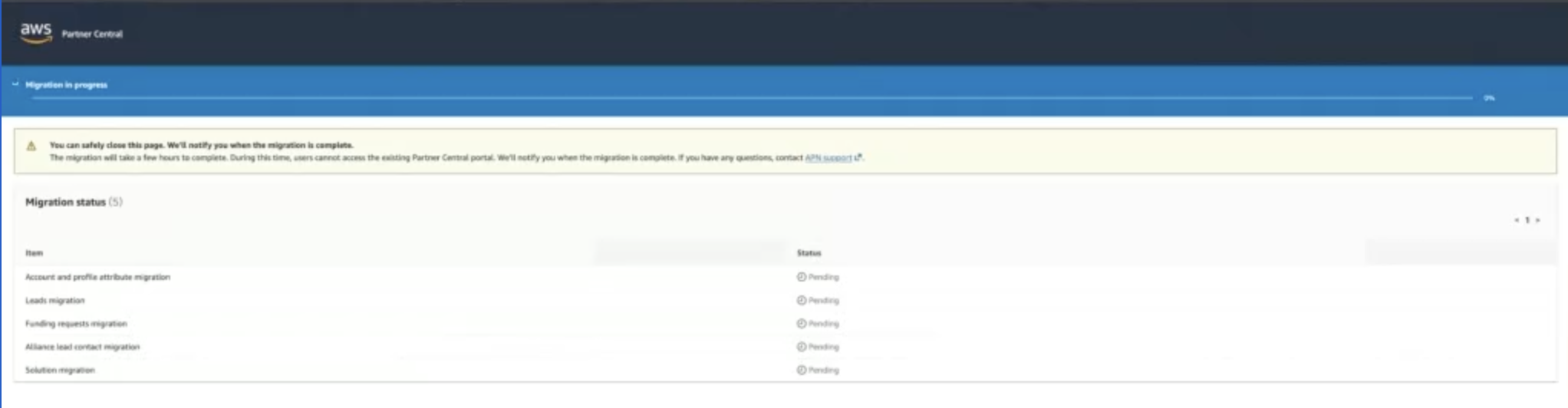 AWS migration in-progress processing screen