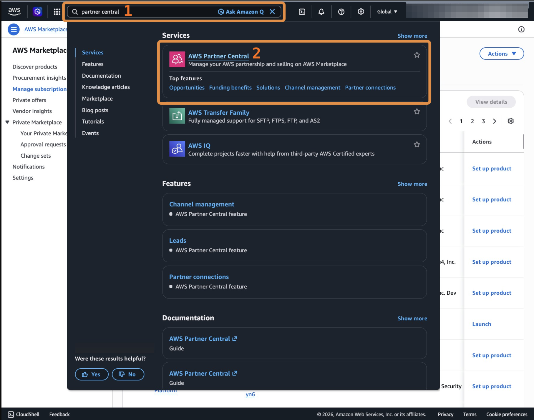 Searching for Partner Central in the AWS Management Console