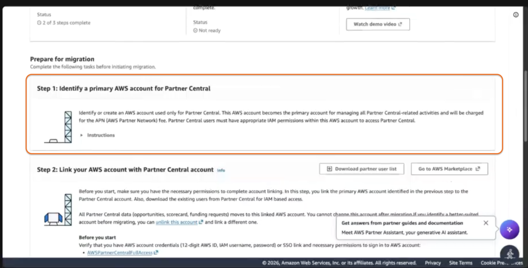 Task 1: the primary AWS account linked to AWS Partner Central
