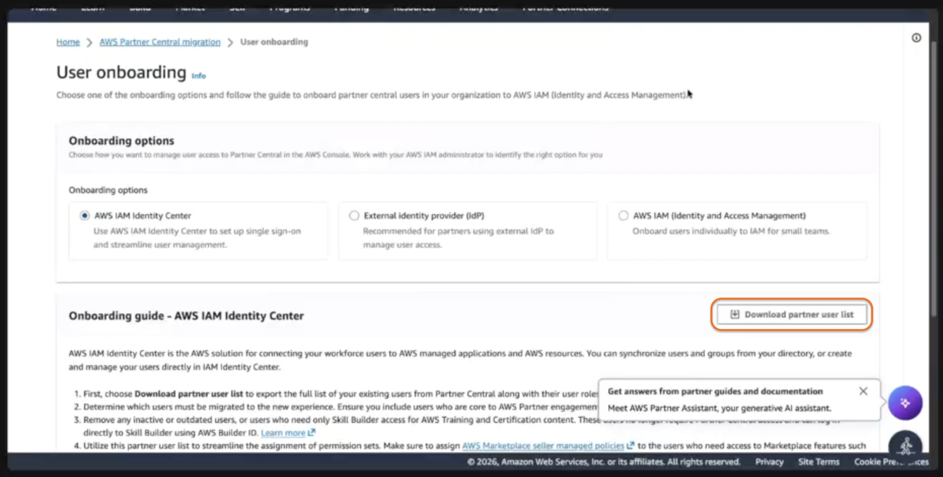 Download partner user list button on the User onboarding page