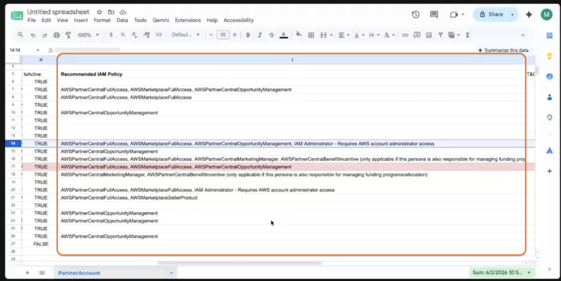 Column I of the exported CSV showing the recommended IAM policy per user