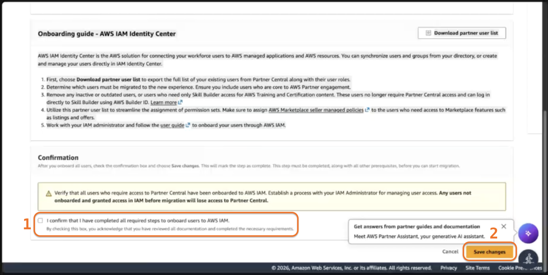 Confirmation checkbox and Save changes button on the User onboarding page