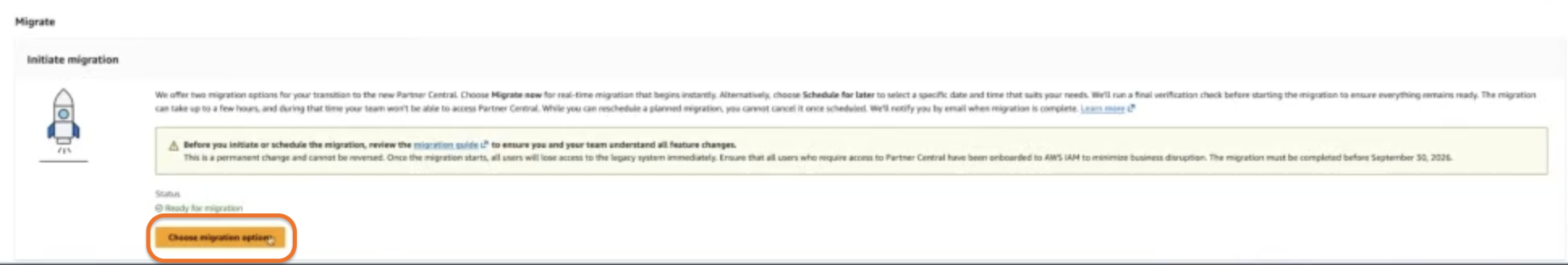 Choose migration options button at the bottom of the Migration Instructions page