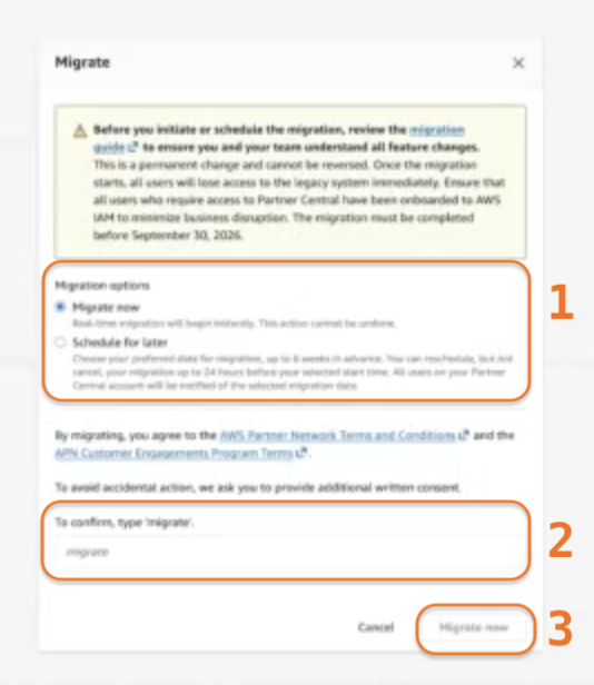 Migration confirmation box with Migrate now and Schedule for later options